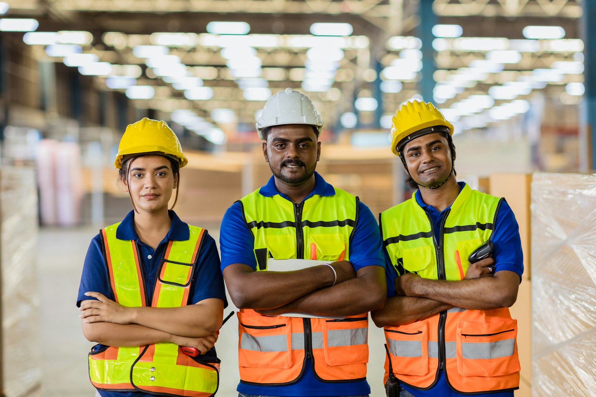 Group of engineer people Indian worker Hispanic Latin confident standing smile