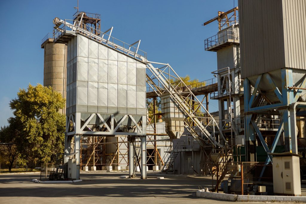 Territory of manufacturing plant with industrial buildings